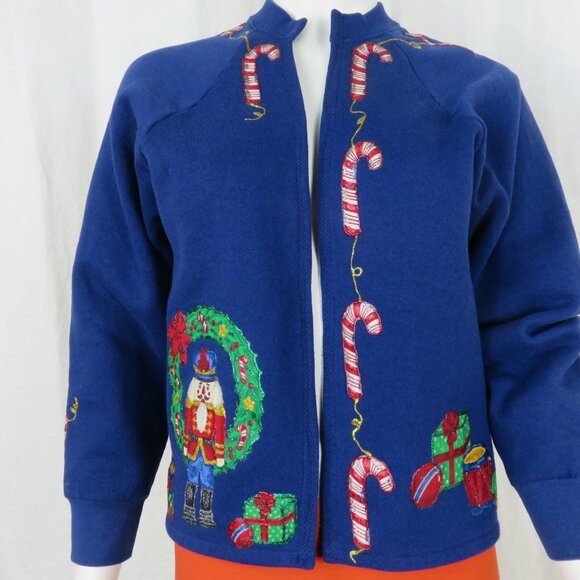 Vintage Fruit Of The Loom Christmas Sweater Blue Nutcracker Candy Cane Gifts M - Picture 7 of 16